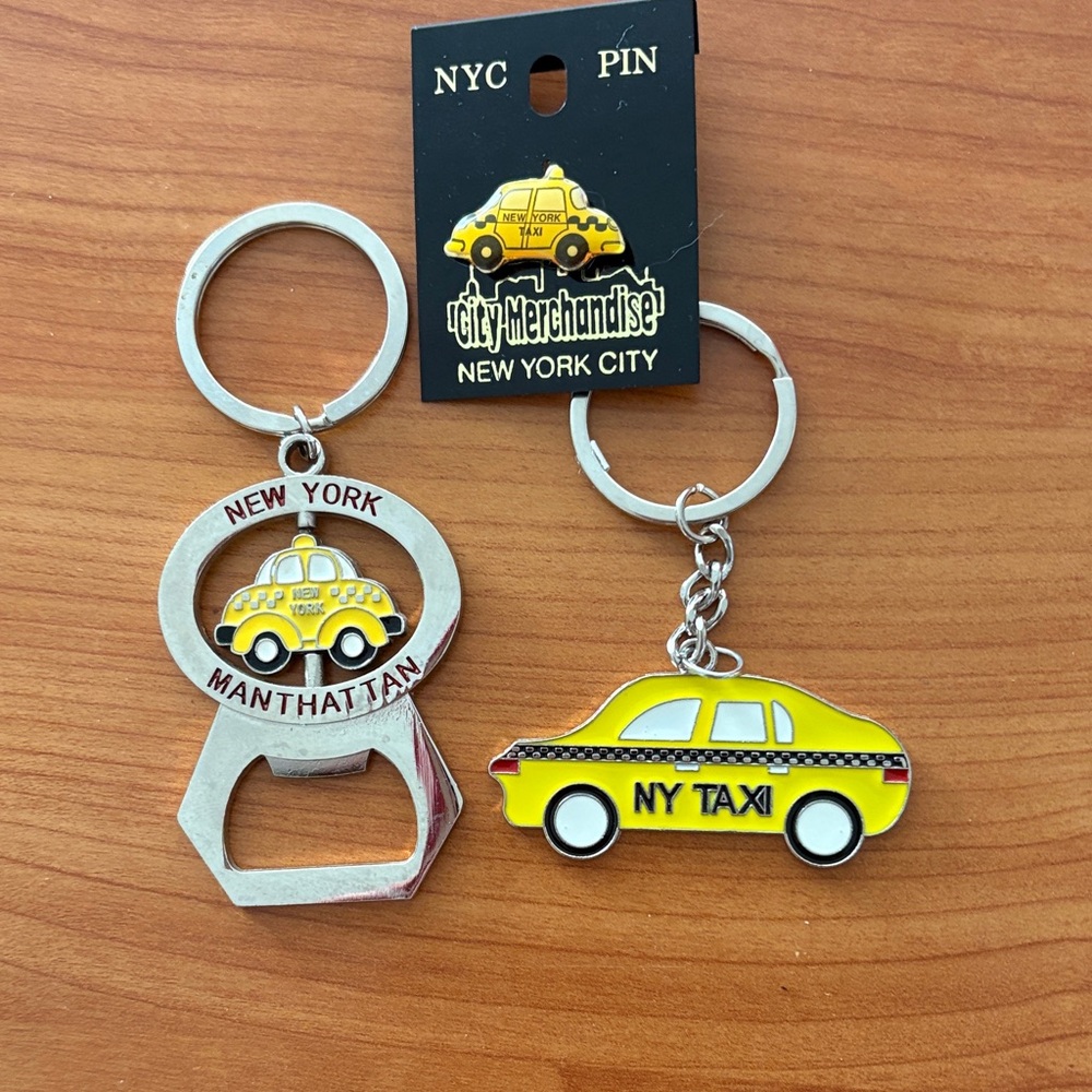 Set of Three: NYC Taxi Keychain, Bottle Opener,
and Lapel Pin